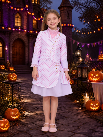 Kids Wicked Glinda Costume Set – 3 Piece Pink Striped Outfit with Gold Buttons on-model Halloween scene view