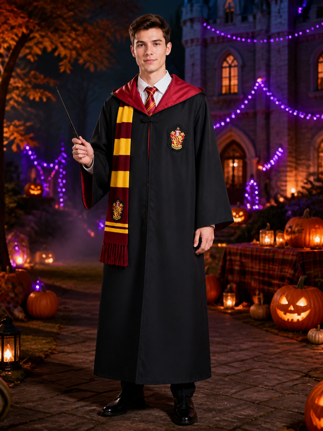 Kids Wizard Robe Costume Set, Hooded Black Cloak With Red And Yellow Striped Tie Costume Capes detail 2