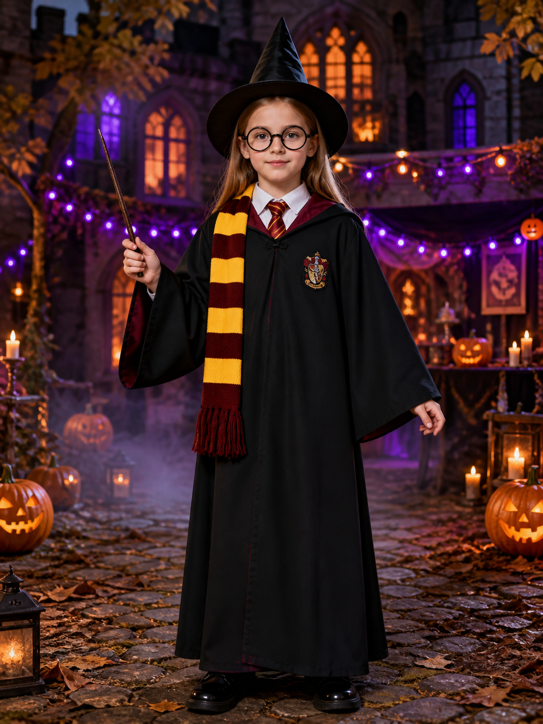 Wizard Costume Set With Hooded Robe, Hat, Scarf, Tie, Wand And Round Glasses Costume Headwear detail 2