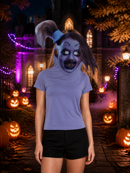 Terrifying Clown Full Face Mask with Witch Hat and Long Black Hair Halloween on-model Halloween scene view