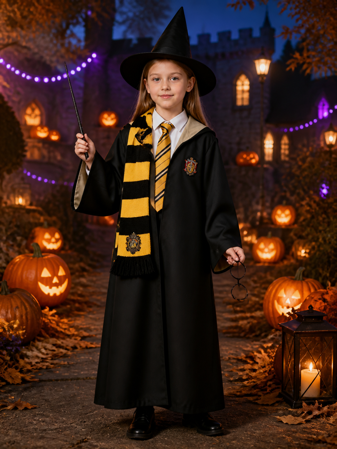 Black Wizard Costume Set With Hooded Robe, Hat, Scarf, Tie, Glasses And Wand Costume Headwear detail 2