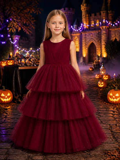 Girls' Burgundy Princess Dress, Sleeveless V-Neck Tiered Tulle Formal Gown Costume Dresses detail 2