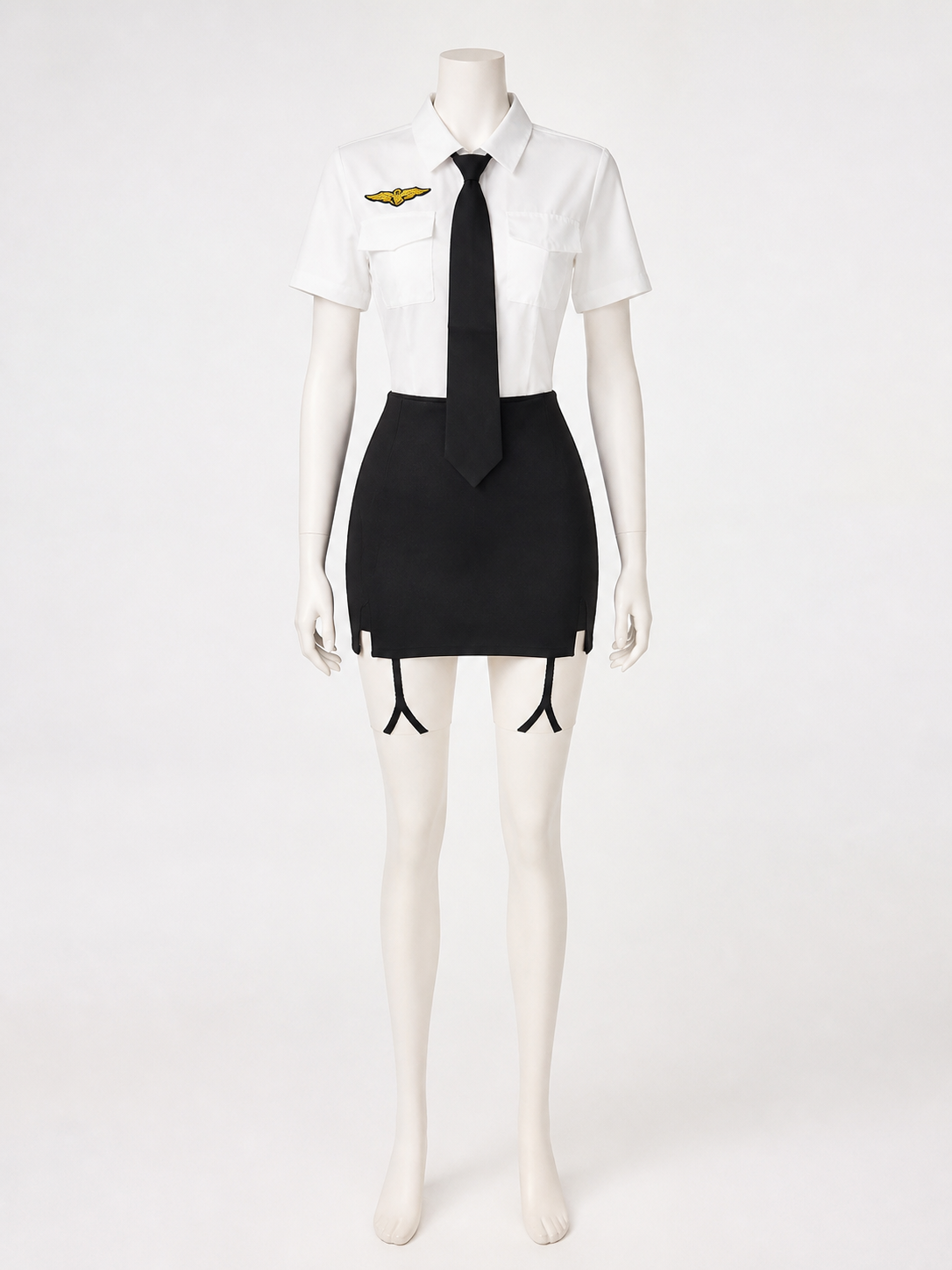 Women's Police Officer Costume Set with Hat, Tie & Gloves - White & Black Short Costume Headwear detail 2