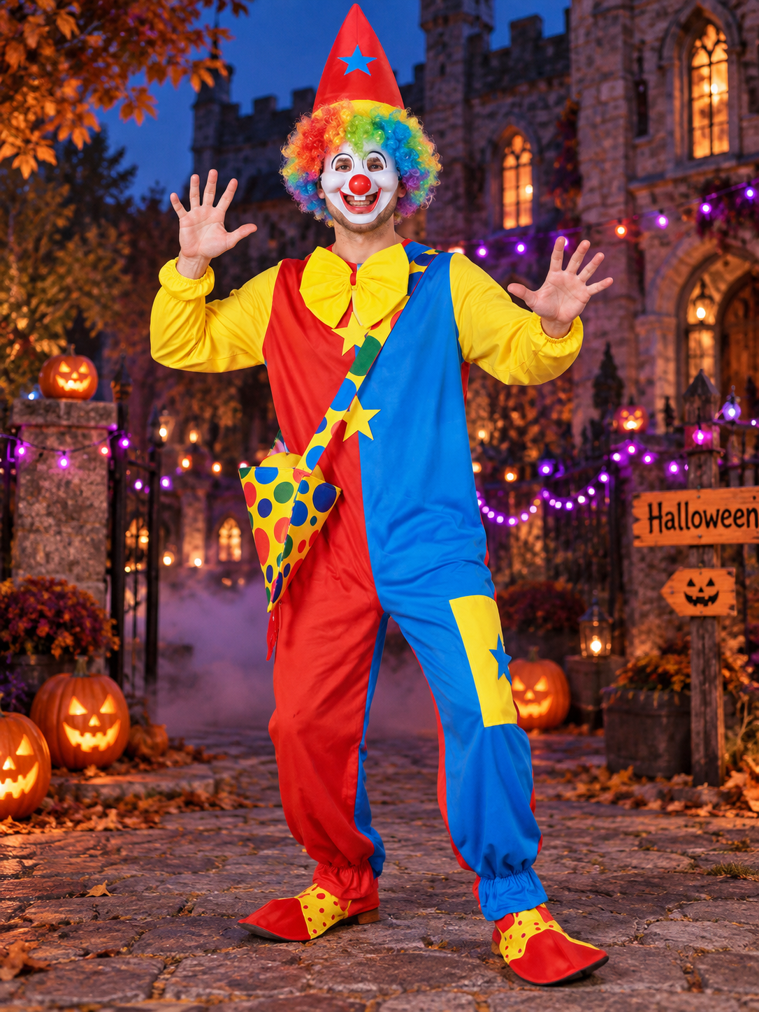 Bright clown costume: jumpsuit, mask, wig, hat