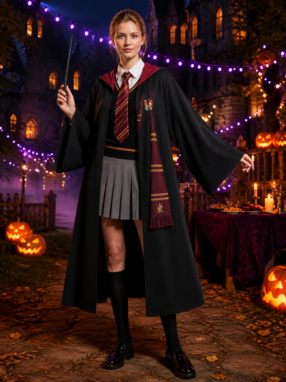 Kids Wizard Costume Set, Hooded Robe, Shirt, Pleated Skirt, Vest, Tie, Scarf and Costumes detail 2