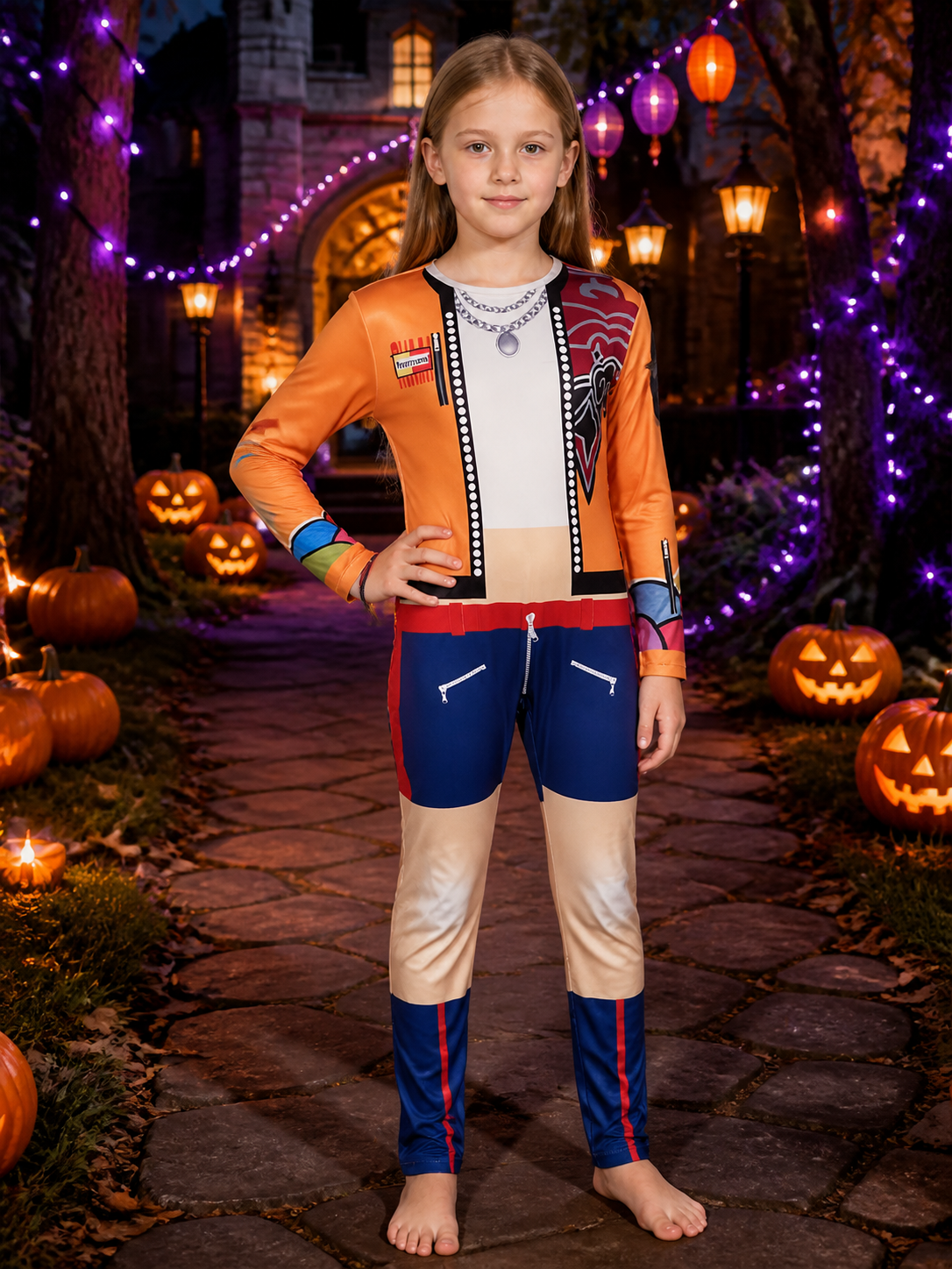 Kids' Huntress Girl Group Cosplay Jumpsuit, Colorful Patchwork One-Piece Costume on-model Halloween scene view