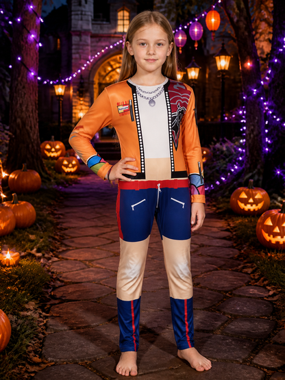 Kids' Huntress Girl Group Cosplay Jumpsuit, Colorful Patchwork One-Piece Costume on-model Halloween scene view