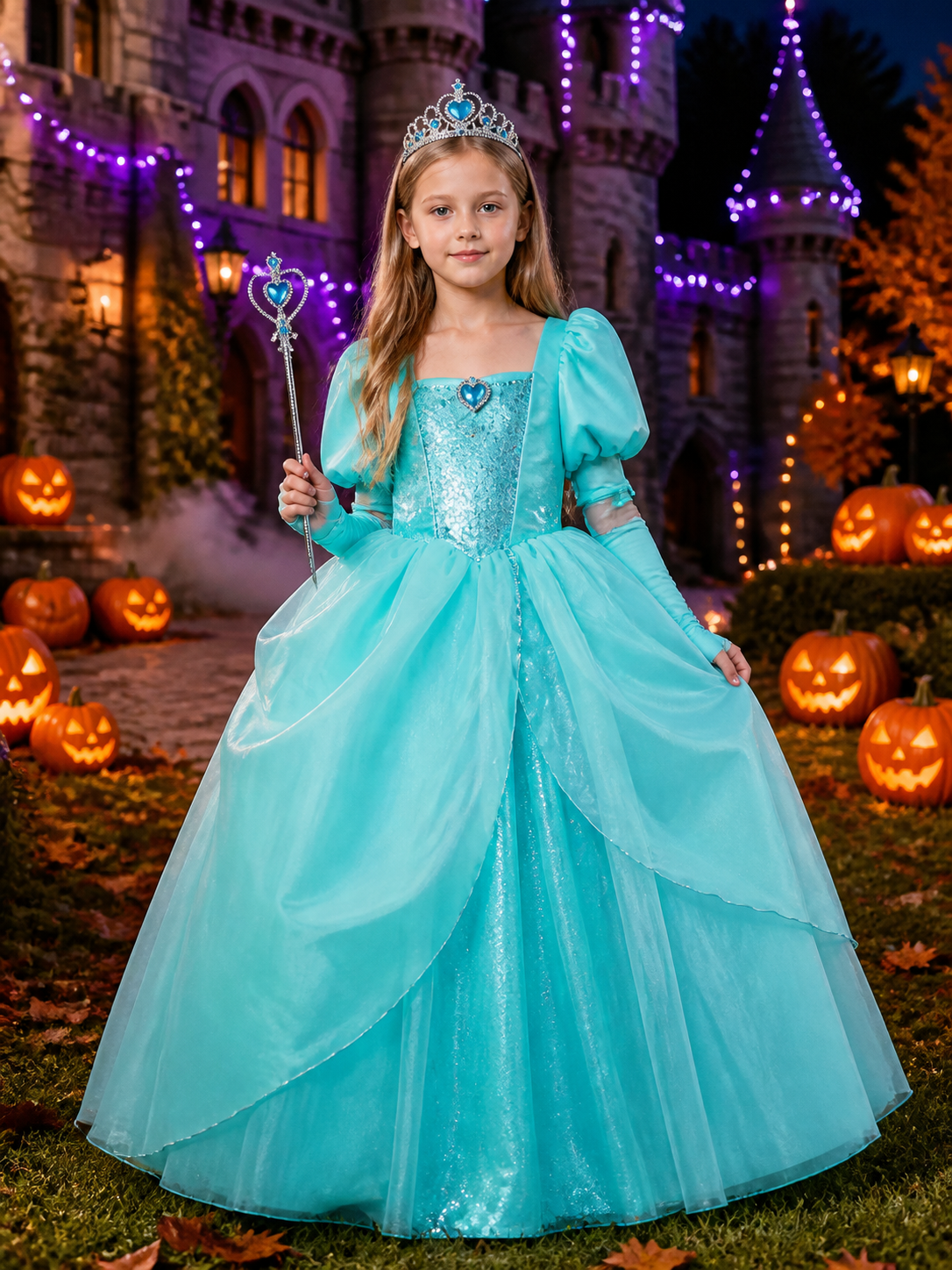 Girls Ariel Princess Costume Dress with Crown and Wand, Layered Tulle Sea Green Costume Dresses detail 2