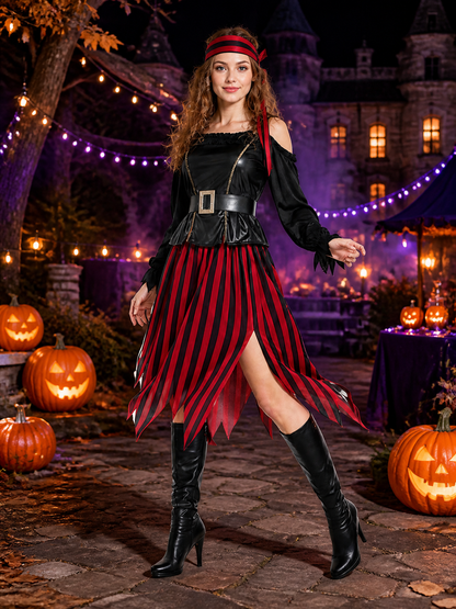 Women's Pirate Costume Set, Red Black Striped Dress with Asymmetric Hem, Belt Costume Dresses detail 2