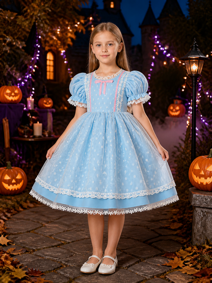 Baby Girls' Sky Blue Princess Dress with Pink Bow and Lace Trim Costume Dresses detail 2