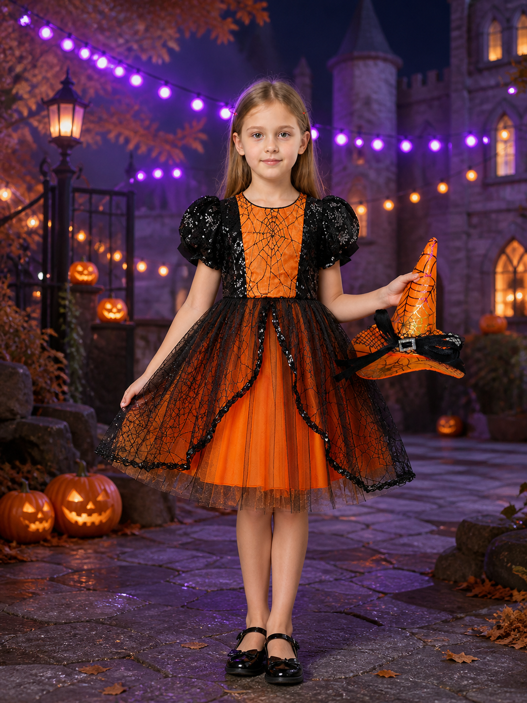 Girls' Witch Costume Dress Set with Hat, Orange Black Spiderweb Lace Halloween Costume Dresses detail 2