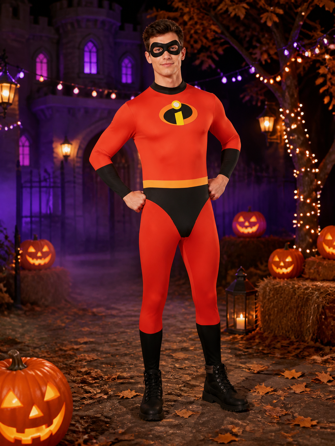 Kids' Red Black Superhero Jumpsuit with Yellow Belt, Halloween Costume Costumes detail 2