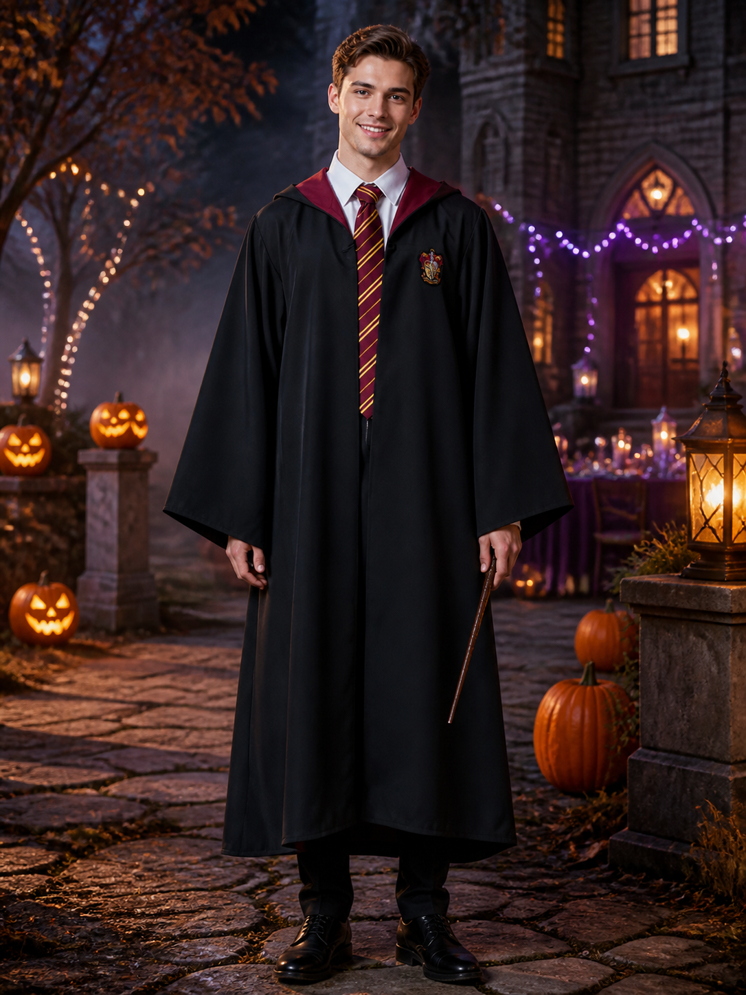 Black Wizard Robe Costume Set with Red-Yellow Striped Tie, Long Sleeve Halloween Costumes detail 2