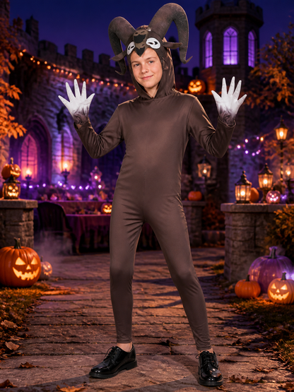 Kids' Brown Deer Hooded Animal Costume Set, Long Sleeve Jumpsuit with Antlers on-model Halloween scene view