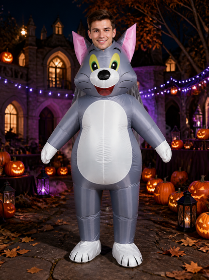 Unisex Cartoon Cat Inflatable Costume for Halloween, Grey Padded Animal Suit Costumes detail 2