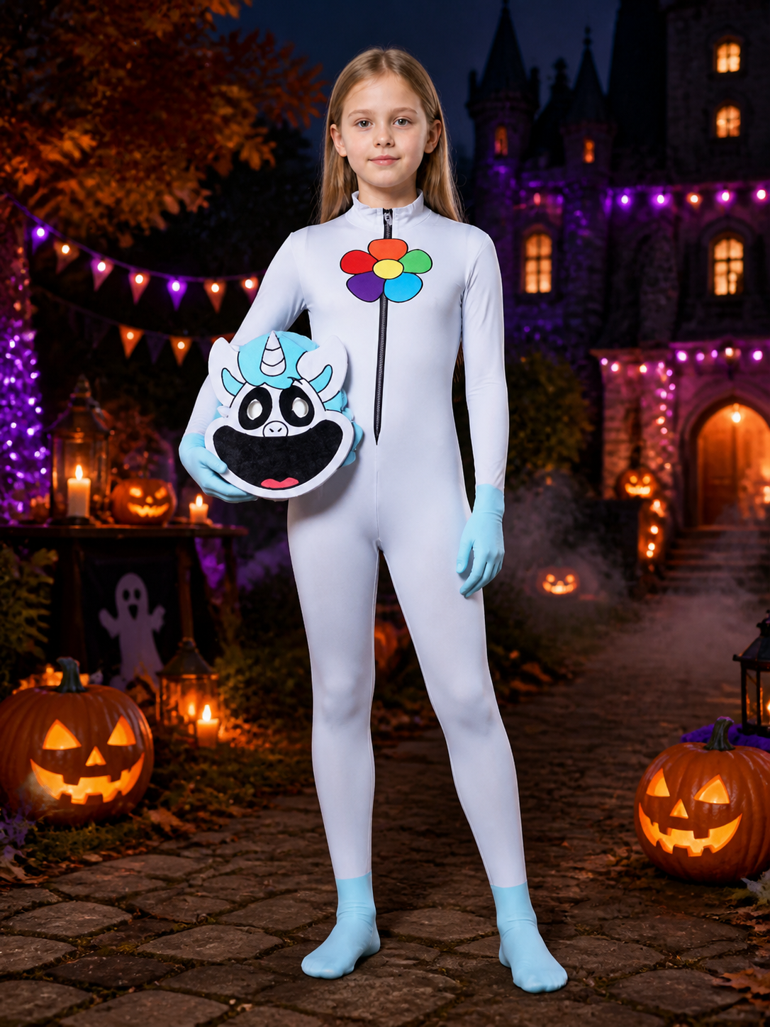 Unicorn Full Body Cartoon Animal Jumpsuit Costume with Hood and Gloves on-model Halloween scene view