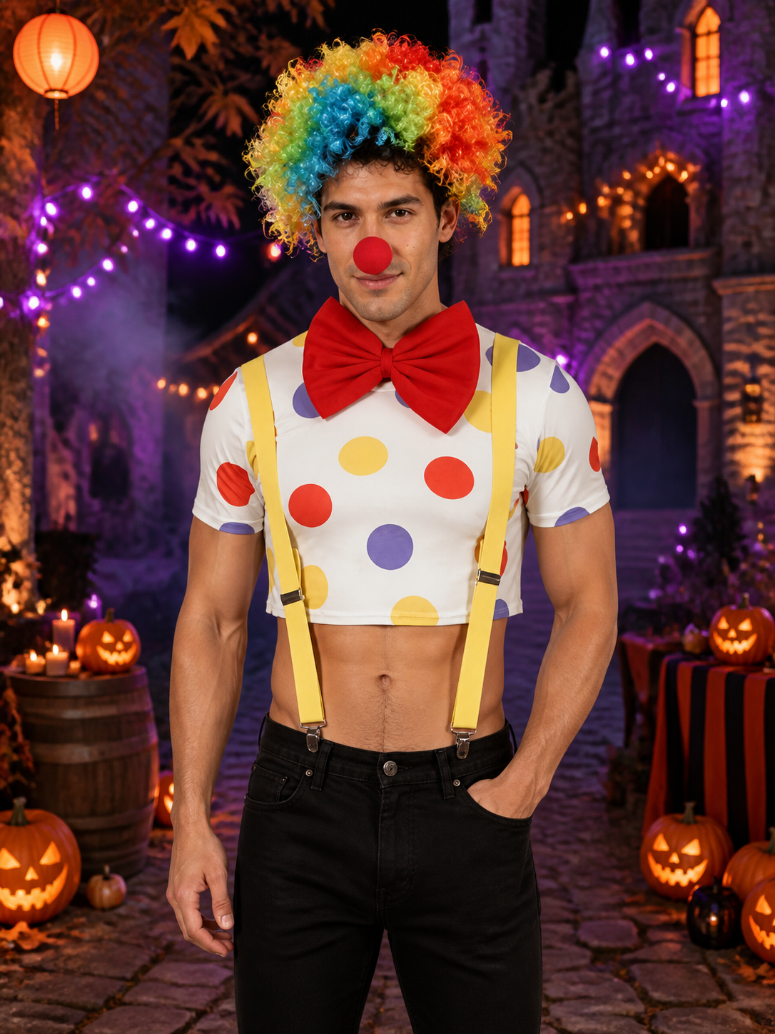 Men's Clown Circus Halloween Costume Set, White Polka Dot Crop Top With Costumes detail 2