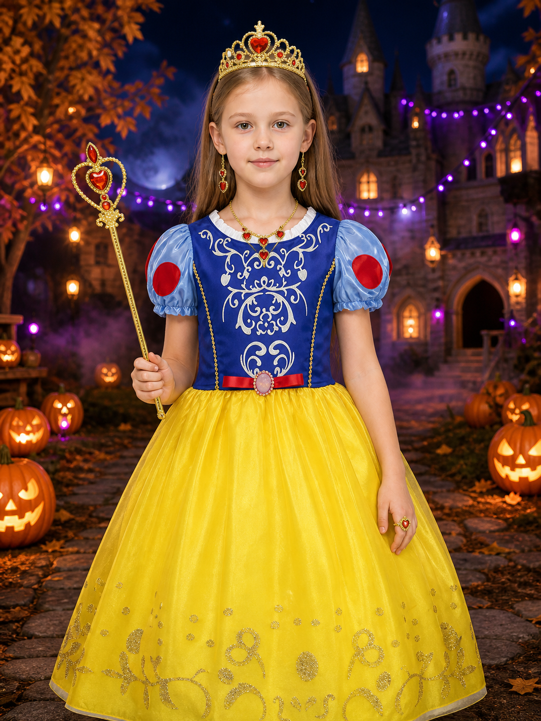 Girls Snow White Princess Costume Set - Tutu Dress With Puff Sleeves, Crown Costume Dresses detail 2