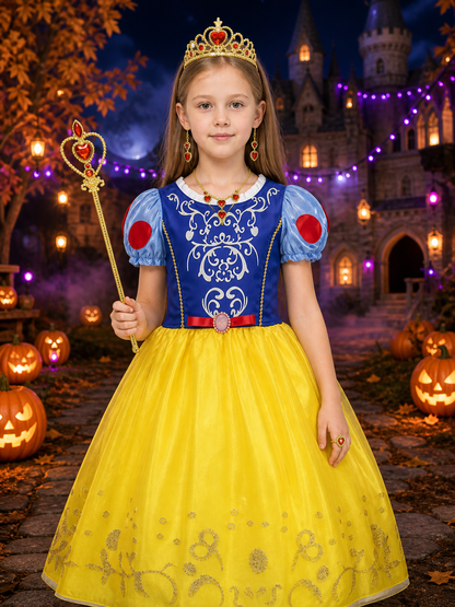 Girls Snow White Princess Costume Set - Tutu Dress With Puff Sleeves, Crown Costume Dresses detail 2