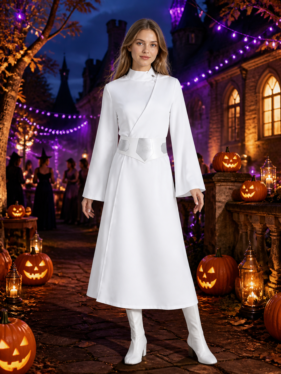 Women's White Princess Cosplay Dress, High Neck Long Sleeve A-Line with Belt Costume Dresses detail 2
