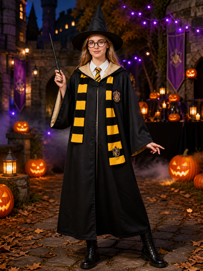 Black and Gold Wizard Costume Set with Hooded Robe, Shirt, Tie, Scarf, Glasses Costumes detail 2