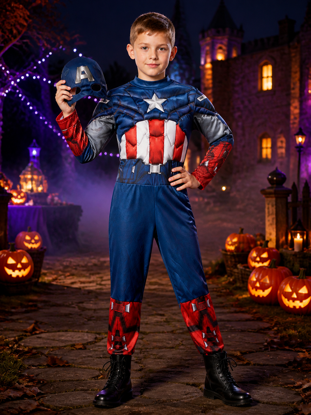 Captain America Costume Jumpsuit with Mask for Halloween