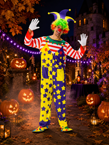Unisex Adult Clown Jumpsuit Costume Set with Star Print, Striped Sleeves, and Costumes detail 2