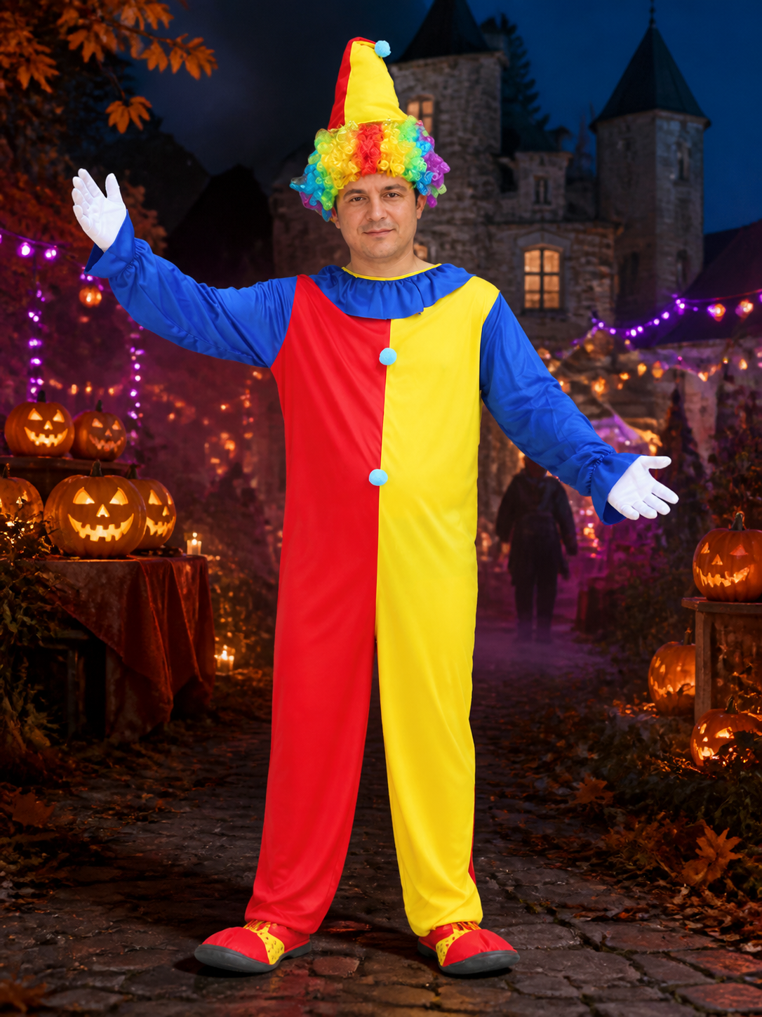 Adult Unisex Clown Jumpsuit Costume Set, Red/Yellow Split with Pointed Hat Costume Headwear detail 2