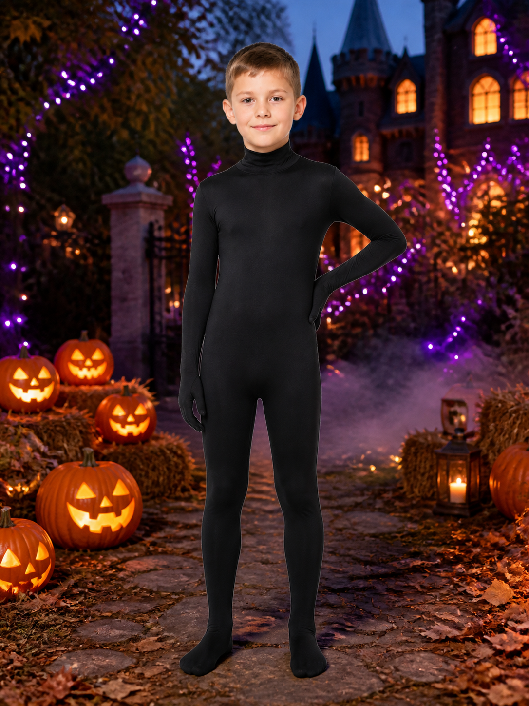 Black Ninja Invisible Man Hooded Full Body Jumpsuit Costume for Halloween on-model Halloween scene view