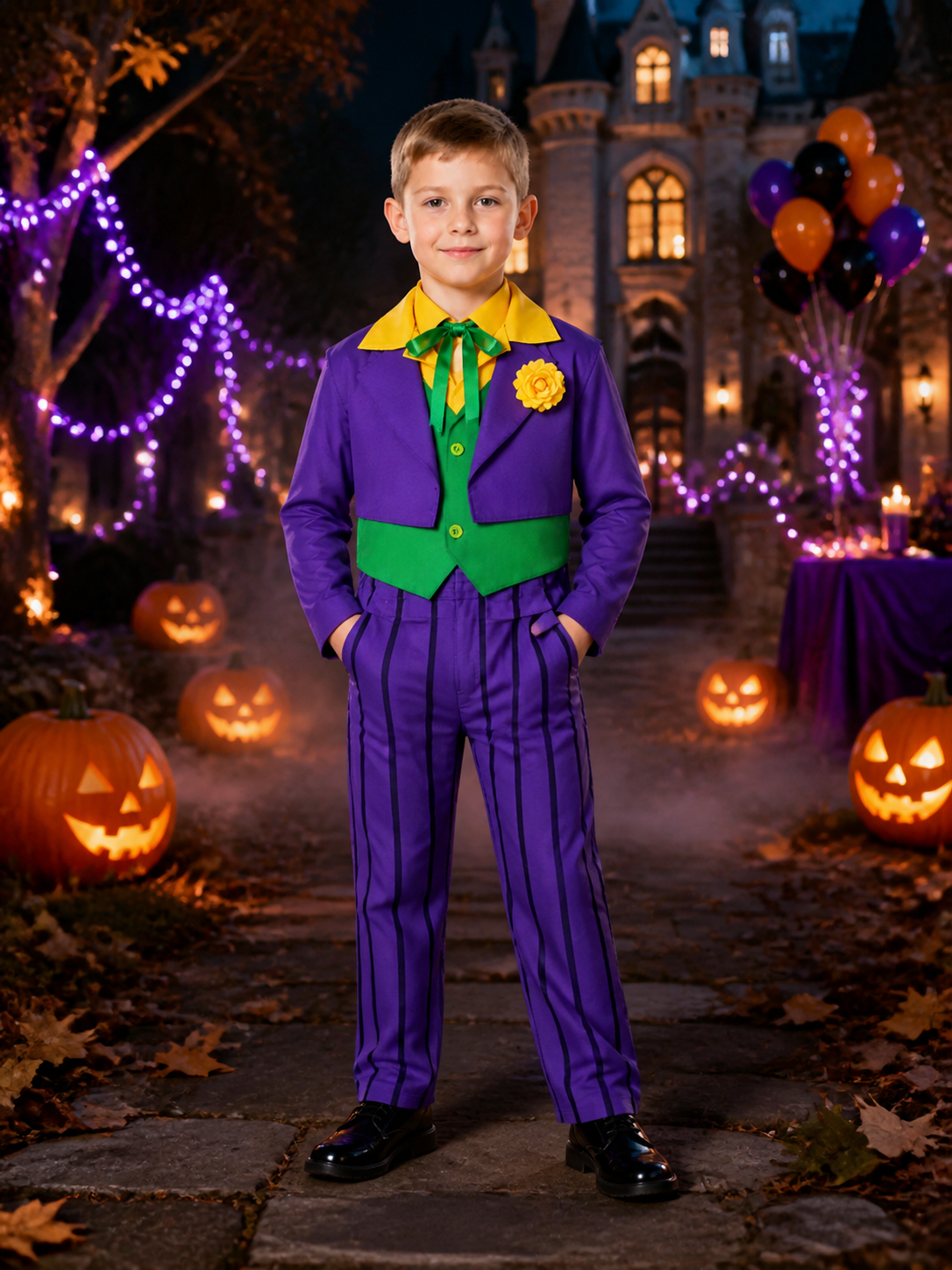 Kids Clown Costume Set, Purple Striped Pants, Yellow Rose Brooch and Bow Tie Costume Accessories detail 2