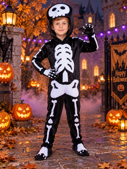 Plush Skeleton Costume Black with White Print and Hood