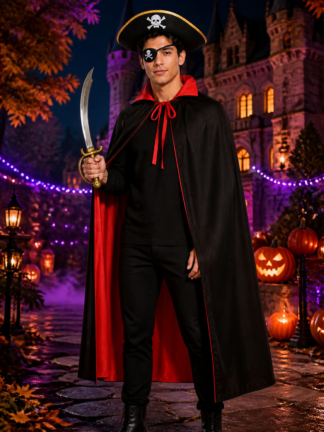 Adult & Kids Pirate Costume Set, Double-Sided Black/Red Cape, Skull & Crossbones Costume Capes detail 2