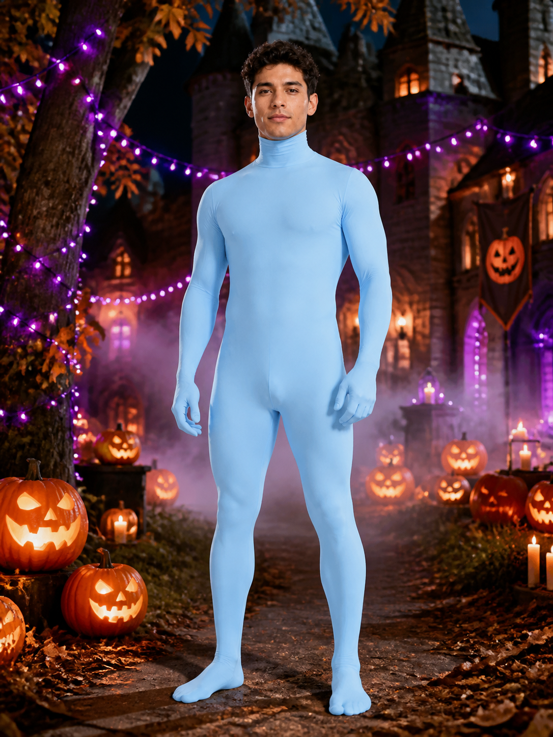 Unisex Light Blue Full Body Hooded Bodysuit Costume for Halloween Costumes detail 2