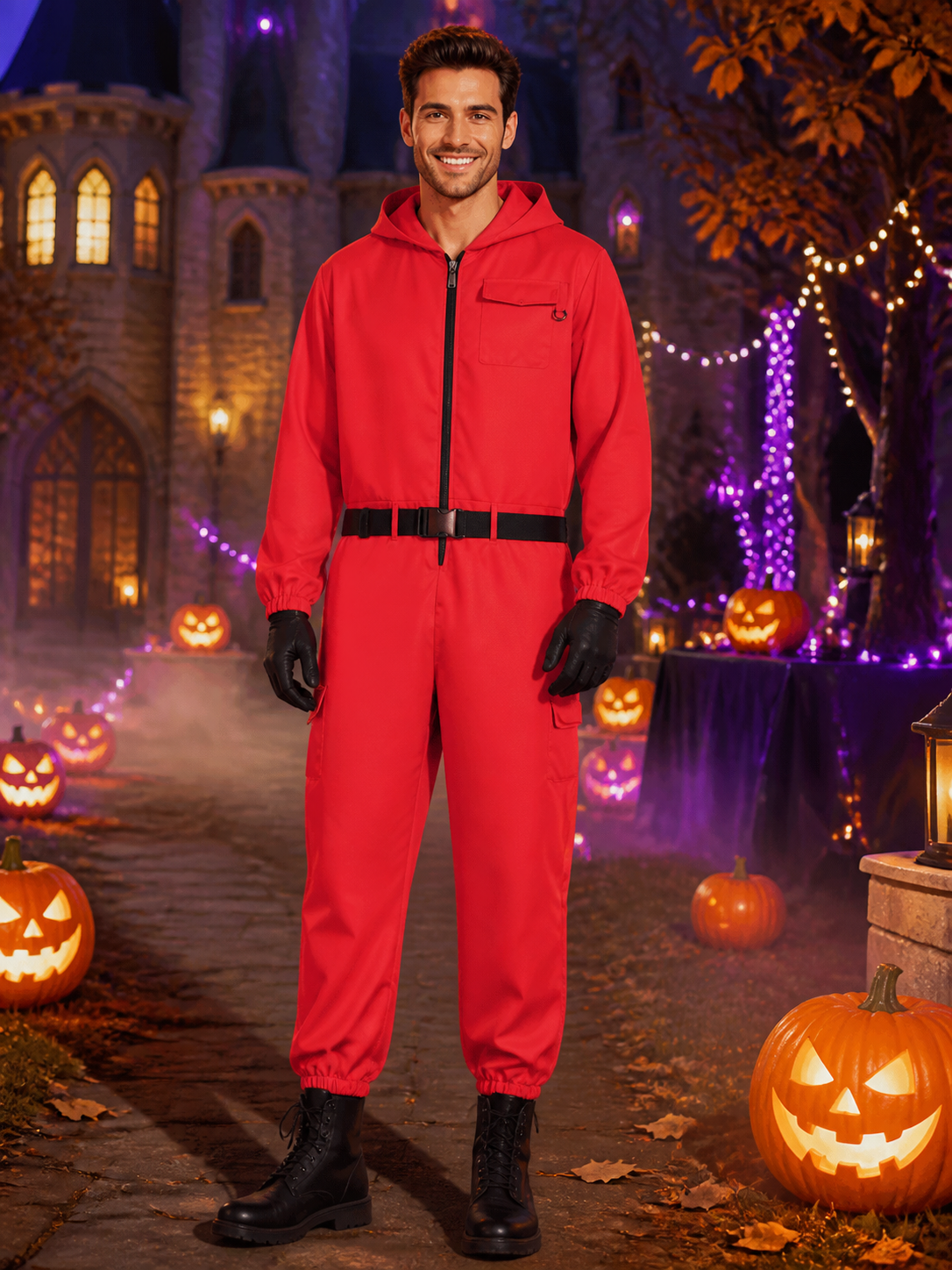 Red Hooded Prison Jumpsuit Costume Set with Belt and Gloves, Cosplay Halloween Costumes detail 2