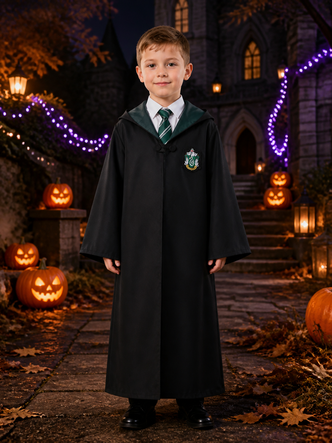 Children's Dark Green Wizard Robe and Striped Tie Costume Set Costumes detail 2