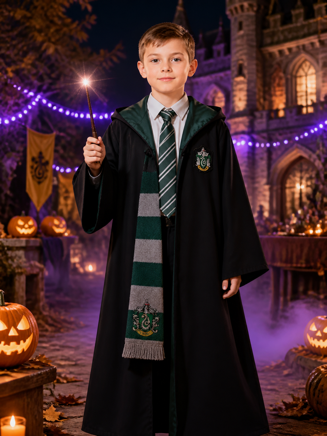 Wizard Costume Set, Hooded Robe With Tie And Scarf, Green And Gray Costumes detail 2