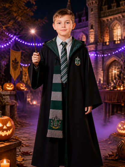 Wizard Costume Set, Hooded Robe With Tie And Scarf, Green And Gray Costumes detail 2