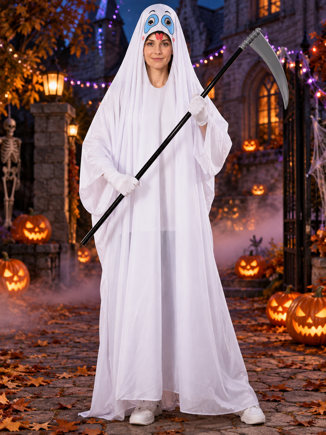 White Ghost Costume Long Hooded Robe with Scythe