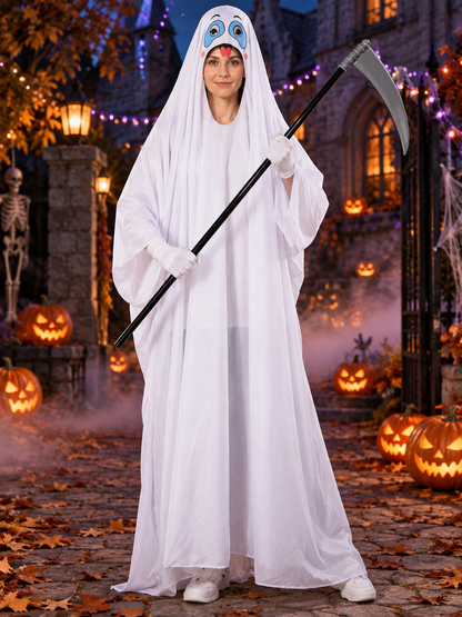 White Ghost Costume Long Hooded Robe with Scythe