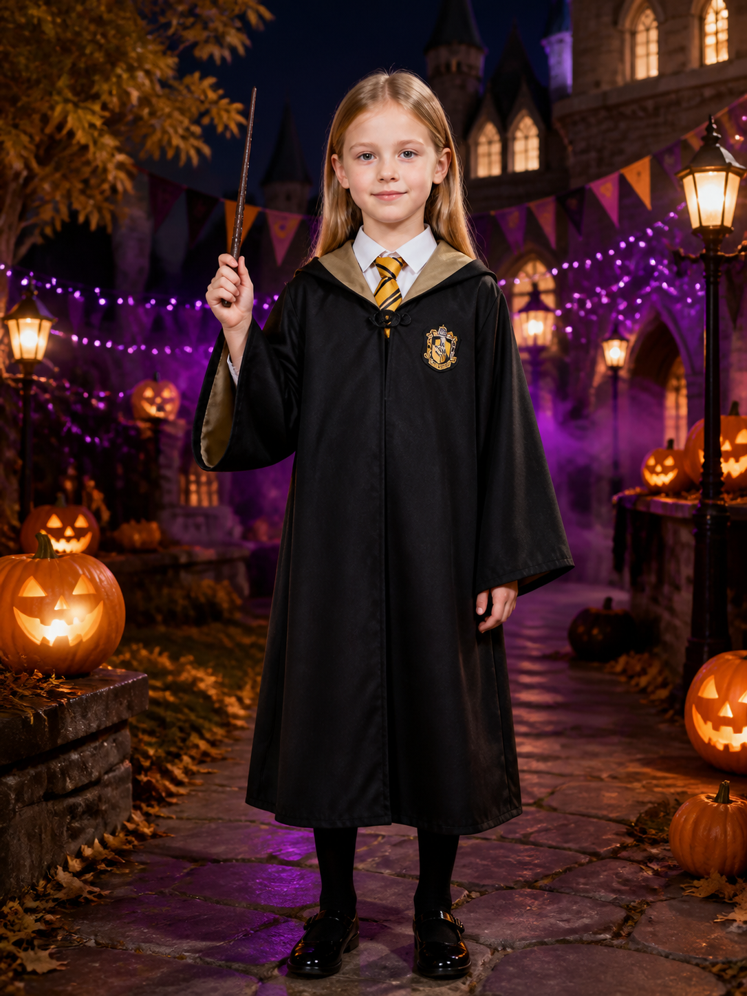 Kids Wizard Costume Set - Black Hooded Robe with Academy Crest & Yellow Black Costumes detail 2