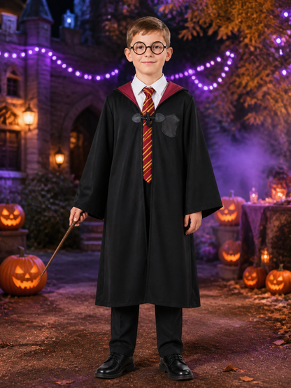 Kids Wizard Costume Set with Hooded Robe, Shirt, Pants, Striped Tie and Glasses Costumes detail 2