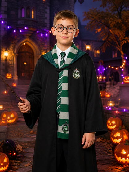 Kids Wizard Costume Set, Black Hooded Robe with Green Striped Scarf, Tie, Wand & Costume Accessories detail 2