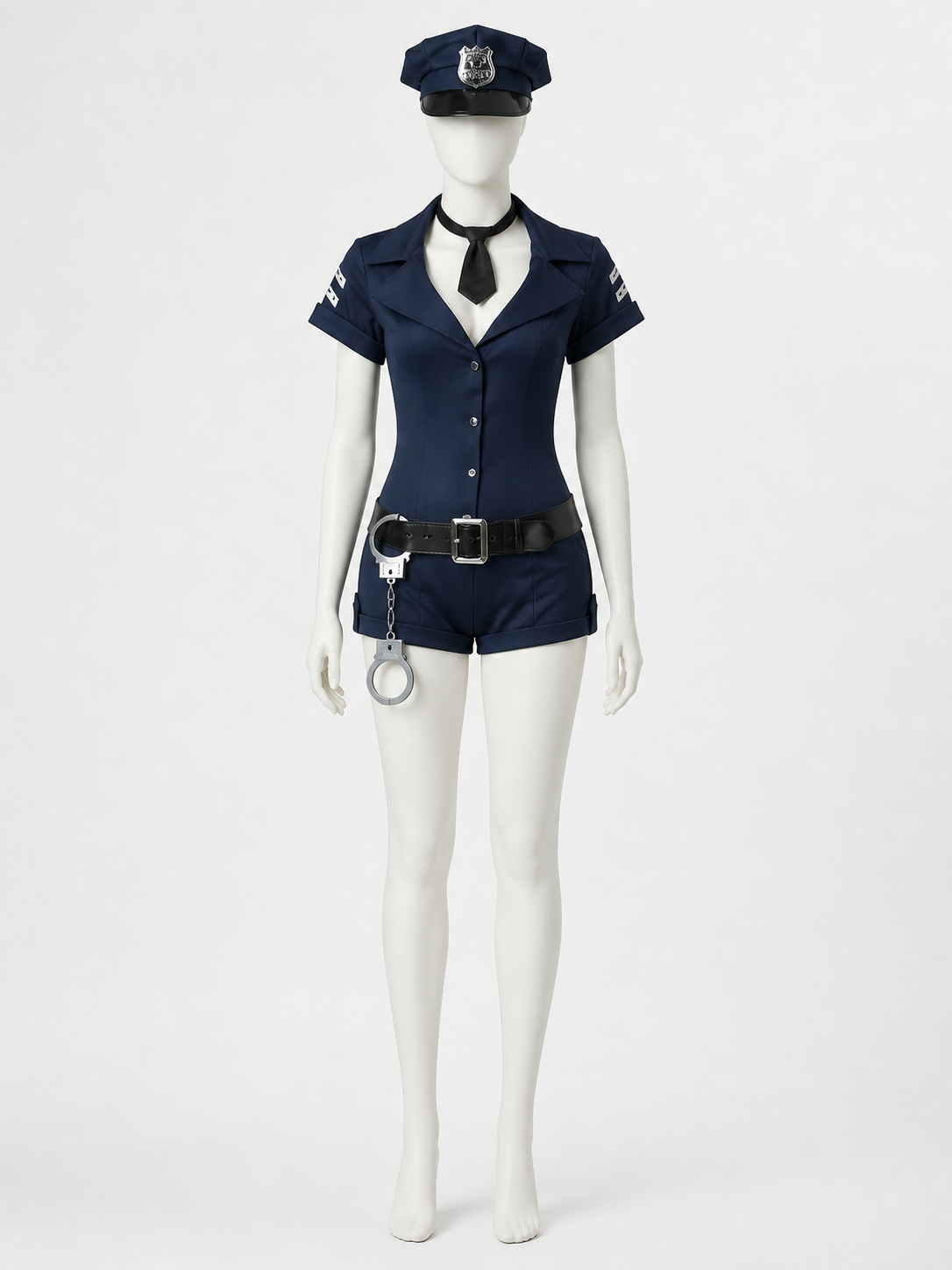 Women's Navy Blue Police Officer Bodysuit Halloween Costume Set with Hat, Tie Costume Headwear detail 2