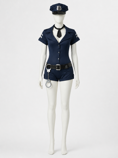 Women's Navy Blue Police Officer Bodysuit Halloween Costume Set with Hat, Tie Costume Headwear detail 2