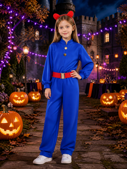 Kids Willy Wonka Blue Jumpsuit Costume Set with Red Ears Headband & Belt Costume Headwear detail 2