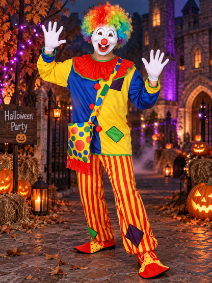 Clown Costume with Wig, Mask, Bow, and Ruffled Collar