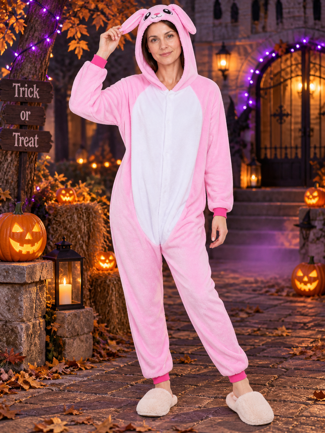Pink-and-White Flannel Hooded One-Piece Pajama