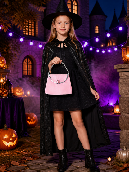 Pink Heart Crystal Sequin Satin Handbag With Curved Silver Handle on-model Halloween scene view