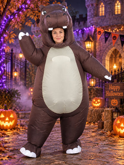 Inflatable hippo costume with white fangs and an open mouth
