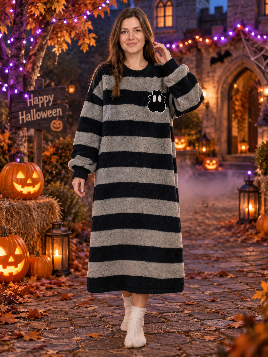 Long Flannel Striped Nightgown with Appliqué